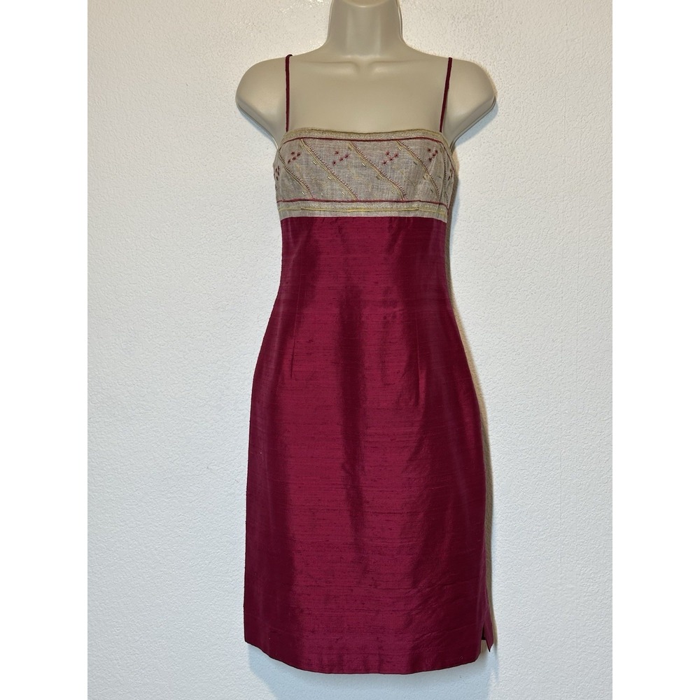 VTG Laundry Shelli Segal 6 Sheath Dress Pink Silk Linen Embroidered Bead Boho